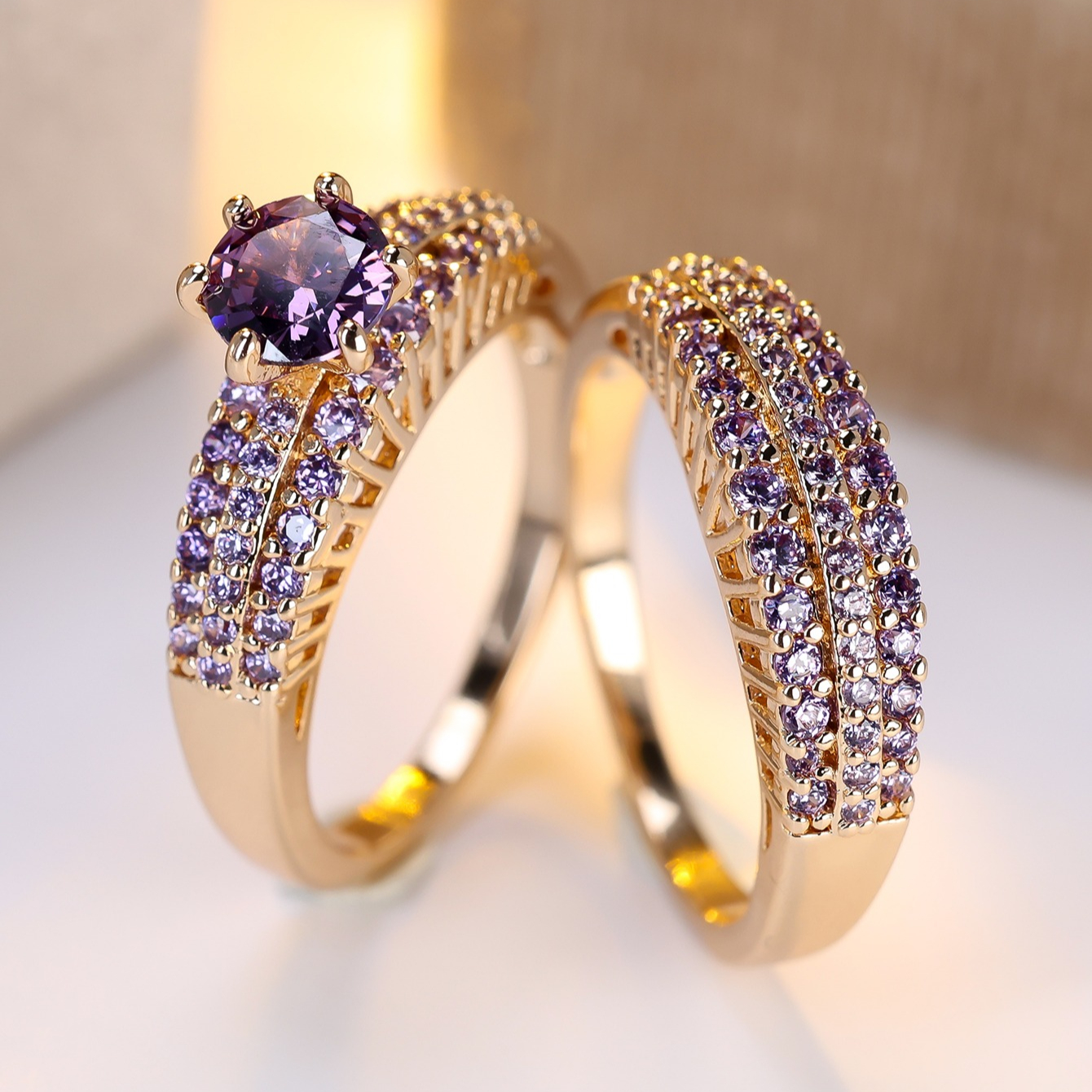 Golden Round Purple Bridal Ring Set with Paved Synthetic Zirconia